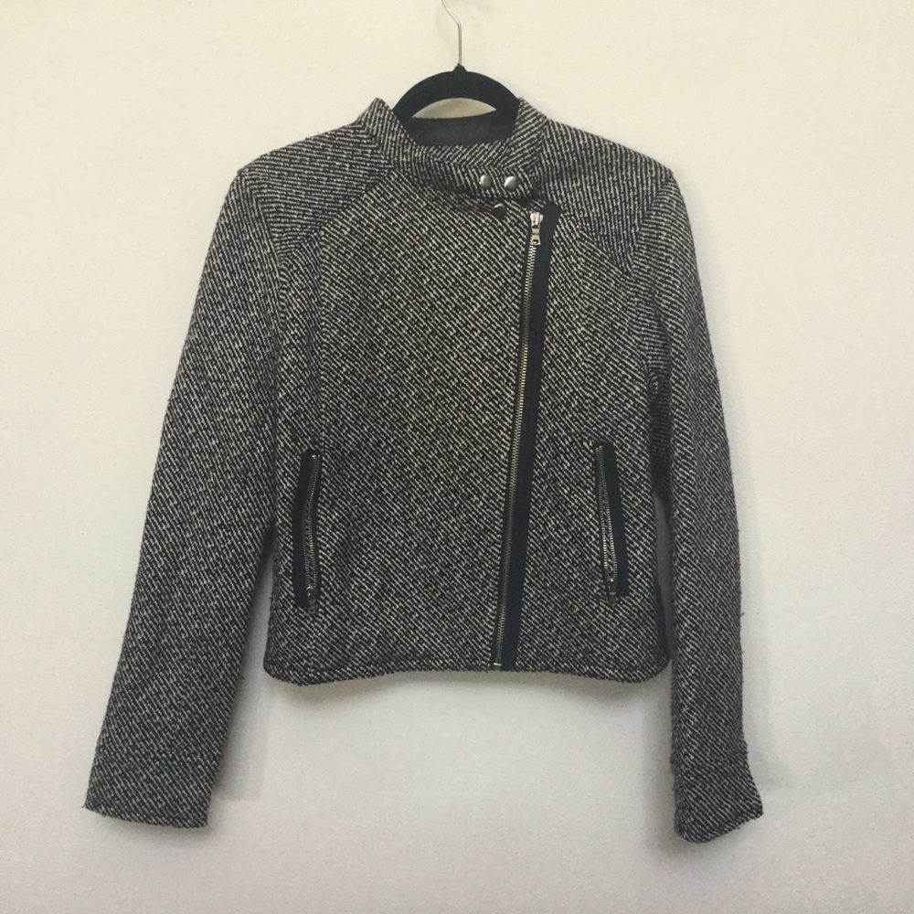 Gap Navy Blue, White Wool Blend Moto Zip Jacket Size Medium Fall, Winter Layer